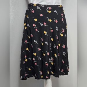 Vintage 90s Laura Scott Tulip Floral Midi Skirt - Black / Pink / Yellow - Size M